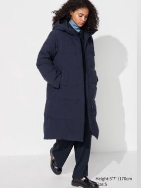 Uniqlo Long Navy Hooded Puffer Coat